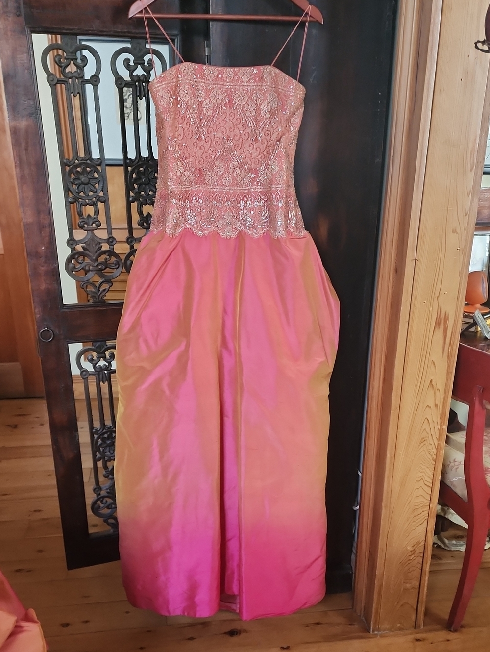 Strapless Ombre Coral-to-Magenta Silk and Metallic Lace Ball Gown. 10